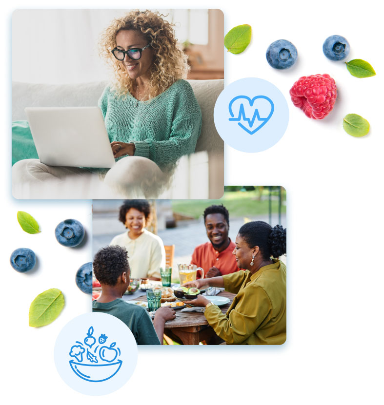 A collage with two images: one shows a woman sitting with her laptop, smiling as she logs what she has eaten, and the other depicts a family enjoying a healthy meal together.