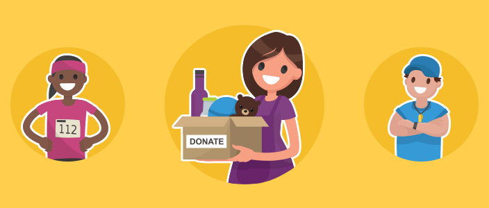 A woman who does charity runs, a woman helping with donations, and a man who is a coach