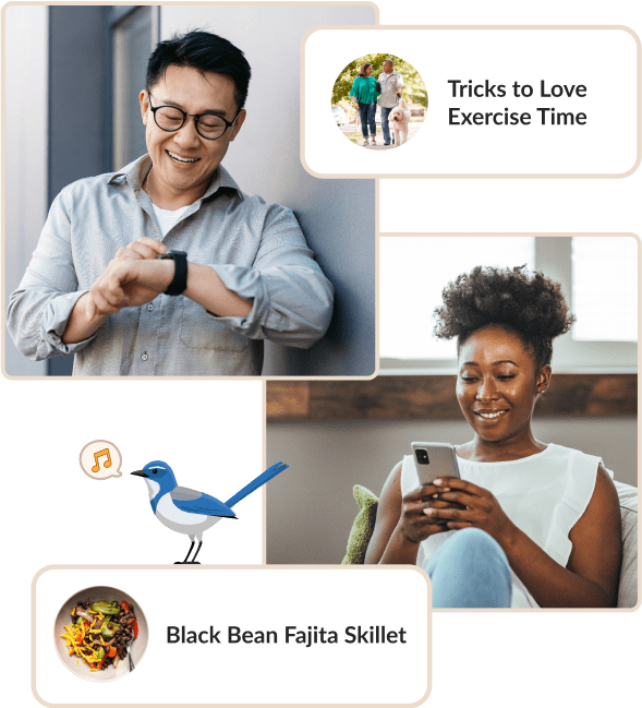 Man checking his smart watch and smiling, woman looking at her phone and recording steps.