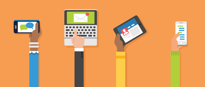 4 people holding up various modes of communication