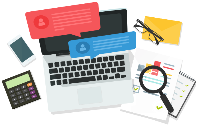 Cluttered workspace of a laptop and some charts