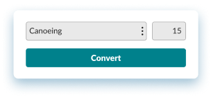 Interface showing the activity logging screen for canoeing. The screen displays options to select 'Canoeing' as the activity and a field to input the number of minutes spent, with a Convert button below.